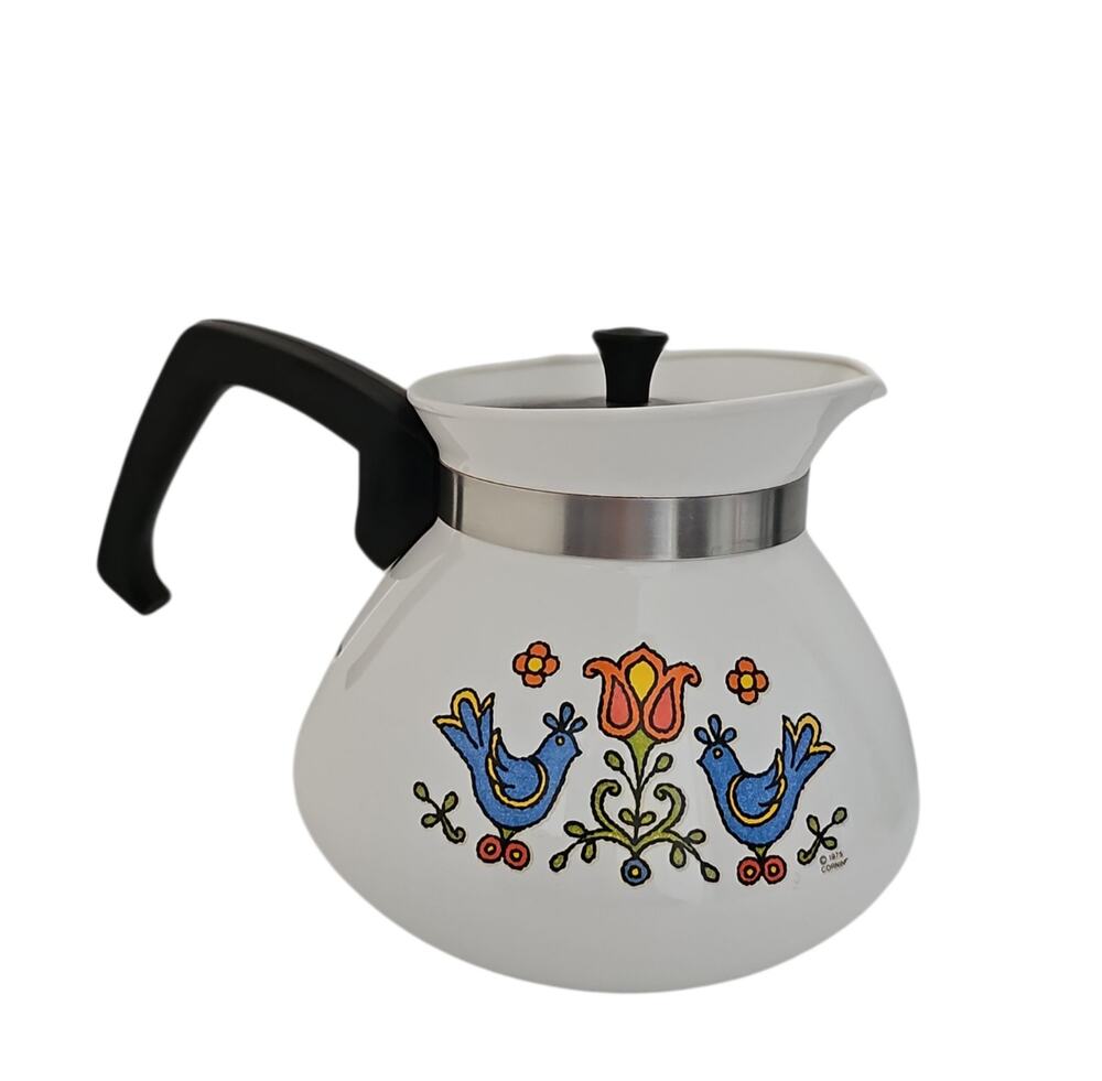 Vintage Corning Ware Country Festival Blue Bird Teapot Stainless Steel Lid 6 Cup